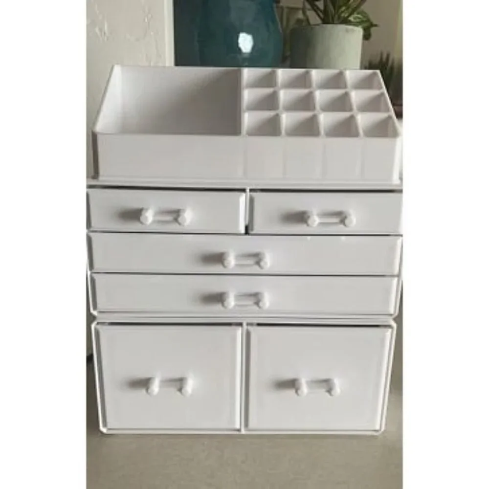 New Makeup Organizer 3 Pieces Cosmetic Storage Case with 6 Drawers (White)
